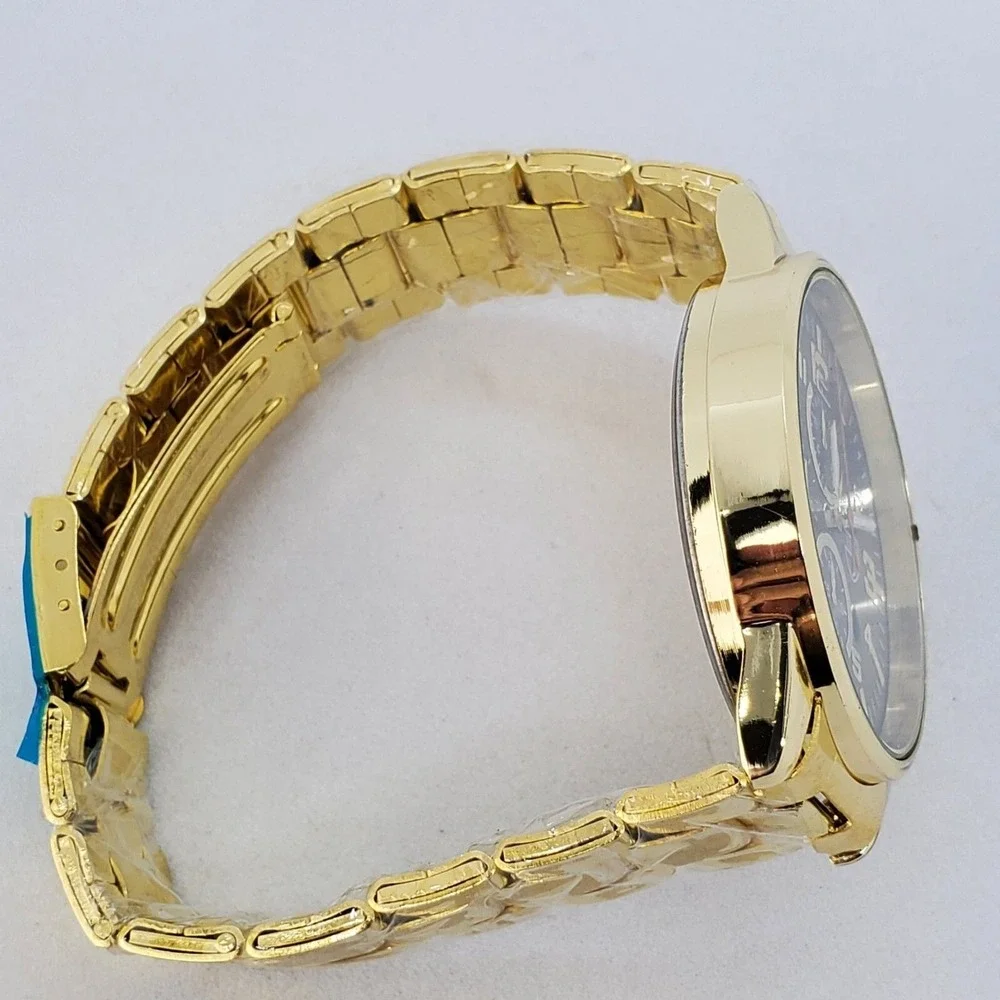 Men's Watch 42MM Large Gold Case Black Dial Date Gold Bracelet‎ Band 7
